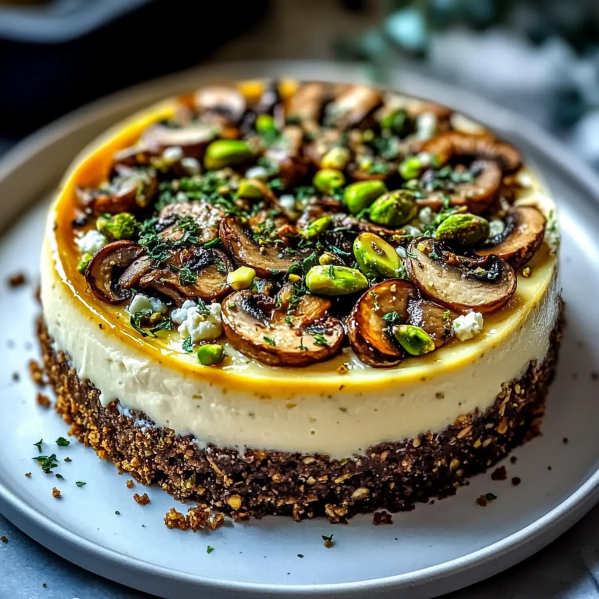 Pistachio and Mushroom Cheesecake with Feta & Parmesan Crust